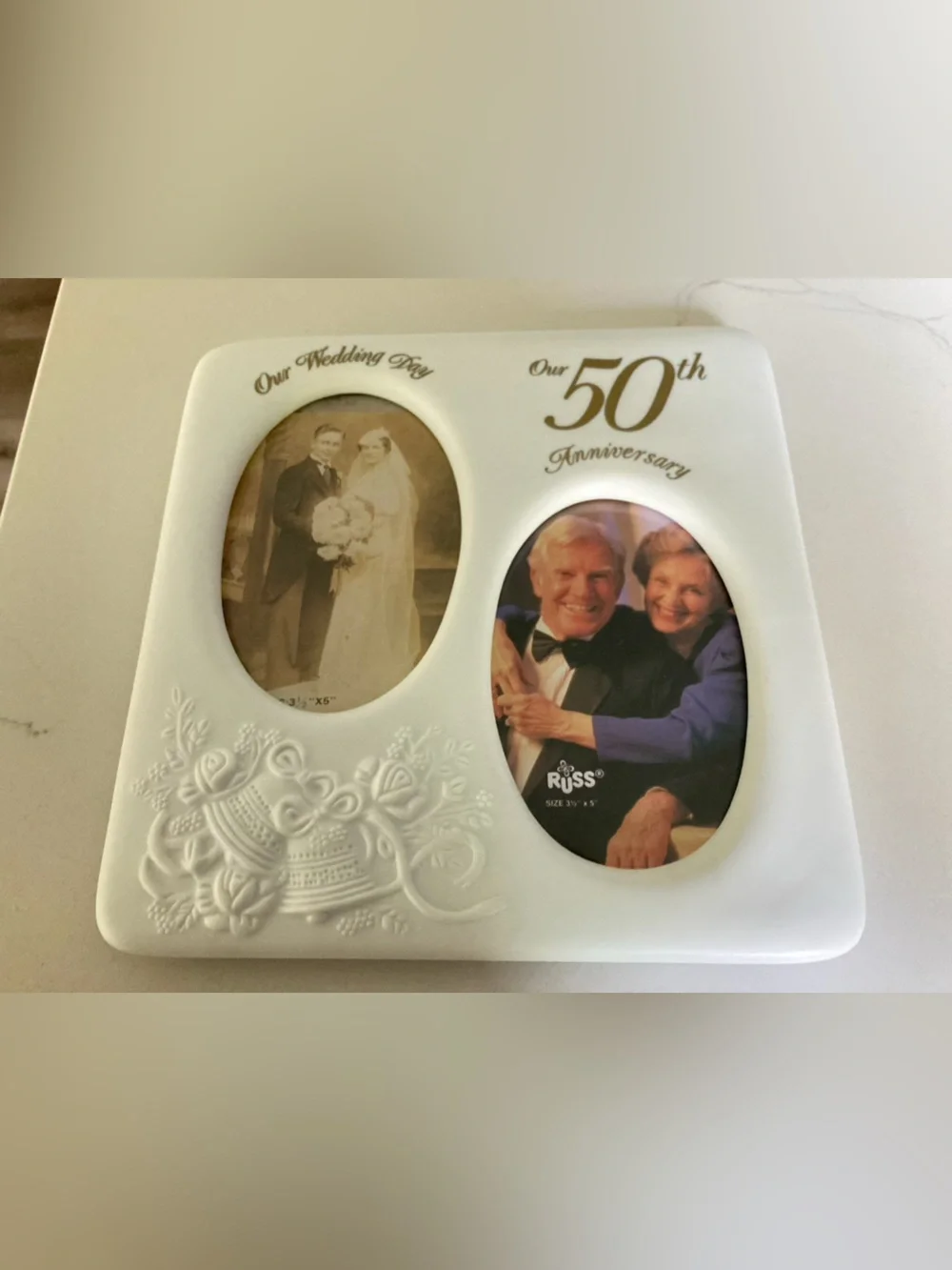 white ceramic Russ 50th anniversary tabletop 2 picture frame floral gold accent